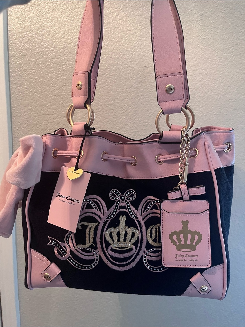 Juicy Couture Black and Pink Crown Logo Daydreamer Tote